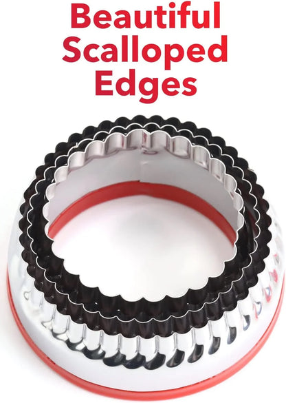 3Pcs Fluted round Cookie Cutters - 2" & 2.6" & 3", Heavy Duty Food-Grade Stainless Steel, Mini Biscuit Cutter, Unique Design with Protective Red Top PVC3