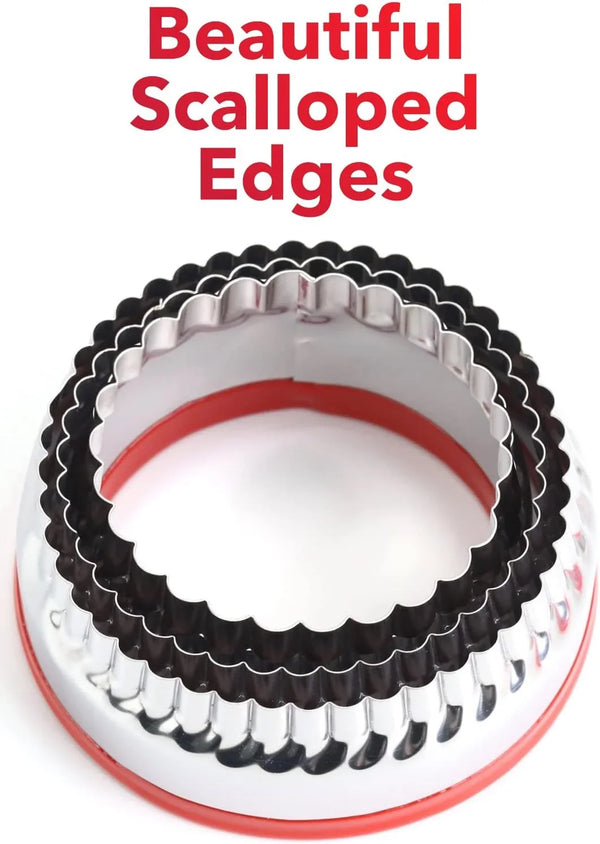 3Pcs Fluted round Cookie Cutters - 2" & 2.6" & 3", Heavy Duty Food-Grade Stainless Steel, Mini Biscuit Cutter, Unique Design with Protective Red Top PVC3