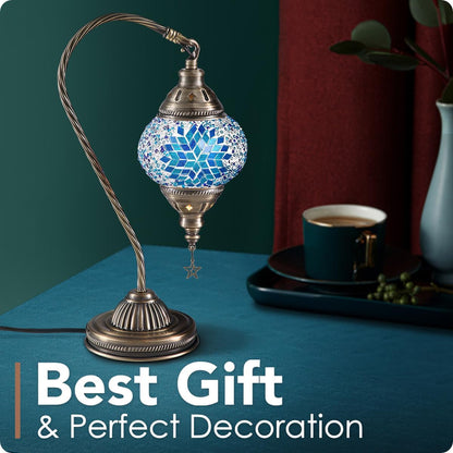Turkish Moroccan Lamp with Bronze Base 3 Color Options Handmade Swan Neck Mosaic Glass Bedside Lamps for Bedroom (LED Bulb Included)(Blue2)3