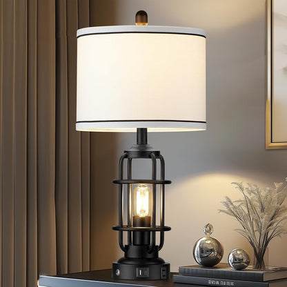 26" Modern Lamp for Living Room, Industrial 3-Way Dimmable beside Table Lamp with USB A+C Charging Ports & AC Outlet, Touch Control beside Lamp LED Night Light for Bedroom Single(2 Bulbs Included)1