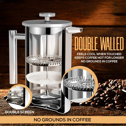 304 Grade Stainless Steel French Press 34 Oz, Silver | Double Wall Insulated Coffee Press with 4-Level Filtration System, Include 2 Extra Filters, Rust-Free, Dishwasher Safe6