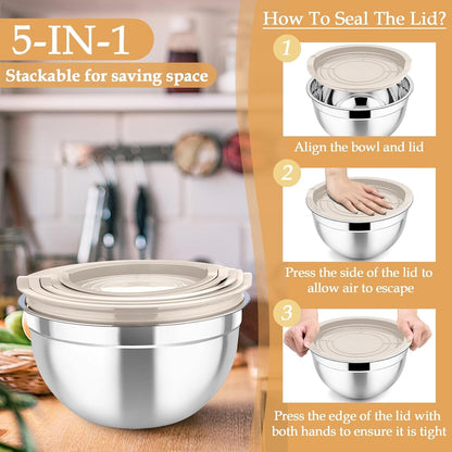 Mixing Bowls, Stainless Steel Nesting Salad Bowls Set6