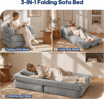 Folding Sofa Bed, Convertible Sleeper Chair with Armrests for Adults, Foldable Corduroy Boneless Bed, 3-In-1 Portable Futon Couch Floor Sofa with Pillow for Bedroom, Living Room, Gray4