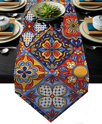 Mexican Talavera Ceramic Tile Pattern Linen Table Runners Dinner Table Setting Dresser Scarves Farmhouse Style for Party Holidays Home Kitchen Decoration (Talavera Colour, 13"X 71")1