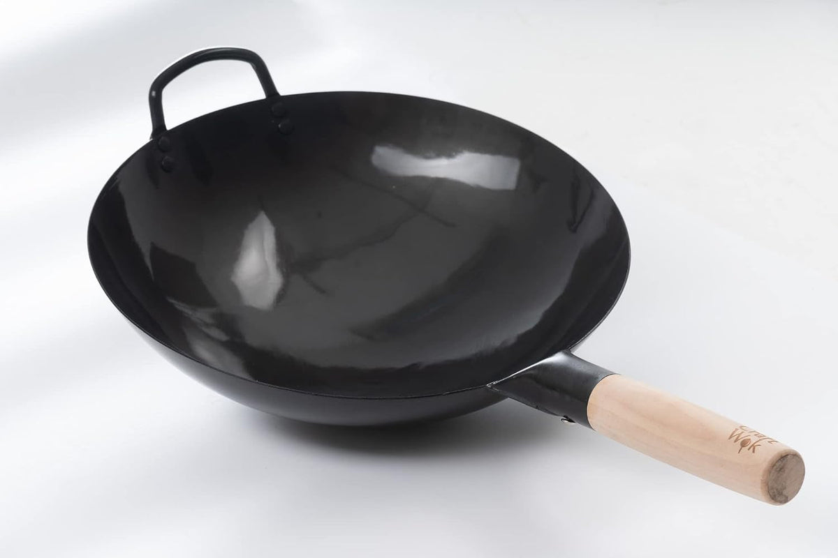 black13-pre-seasoned-hand-hammered-carbon-steel-pow-wok-with-wooden-and-steel-helper-handle-13-inch-round-bottom
