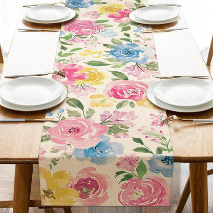 Spring Summer Watercolor Flower Table Runner, Peony Floral Kitchen1