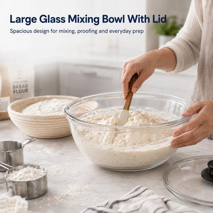 6 QT Large Glass Mixing Bowl with Lid, Clear Thickened Glass Bowl for Sourdough Bread Salad Baking Prepping and Food Storage, Dishwasher Microwave Freezer2