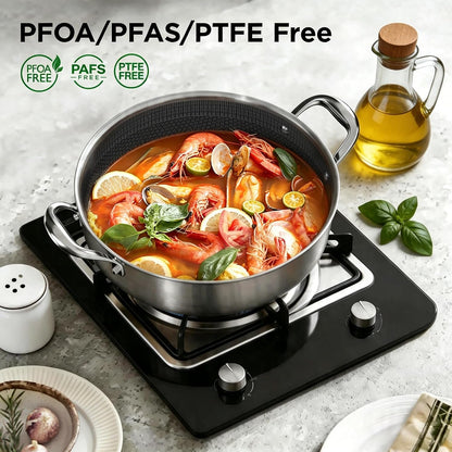 5Qt Hybrid Sauté Pan with Lid, Nonstick Braiser, Chicken Fryer | Non-Toxic Coating Pot, Dishwasher & Oven Safe, Induction Ready, Dual Cool Handle, 3-Ply Stainless Steel Clad for Fast Heat2