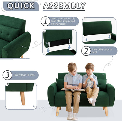 48'' Loveseat Sofa, Mid-Century Modern Upholstered Couch Deep Seat with 2 Pillows, 10" Thick Cushion with Spring, Solid Wood Frame Small Couch for Living Room, Dorms & Office, Green6