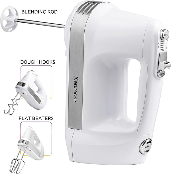 Kenmore 5-Speed Hand Mixer/Blender, 250 Watts, with Beaters, Dough Hooks, Liquid Blending Rod, Automatic Cord Retract, Burst Control, and Clip-On Accessory Storage3