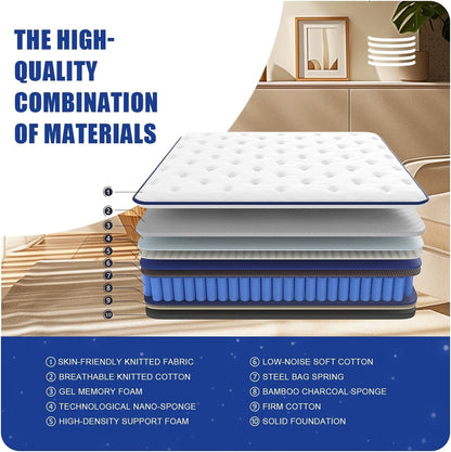 12 Inch Queen Hybrid Mattress, Medium Firm, Memory Foam and Pocket Springs, Motion Isolation, Edge Support, Pressure Relief2