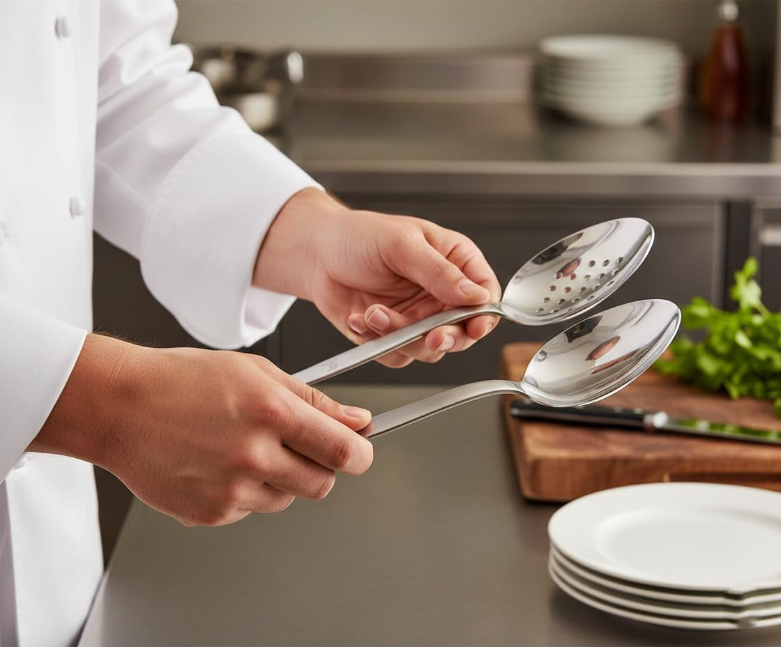 kunz-perforated-and-regular-set-pack-of-2-9-inch-18-10-stainless-steel-cooking-serving-spoon-daily-chef-basting-quenelle-saucing-plating-spoon-dishwasher-safe