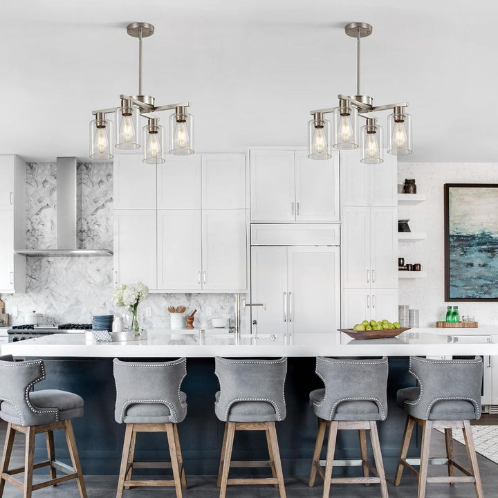 4-Light Brushed Nickel Dining Room Chandelier, Modern Glass Pendant Light+2