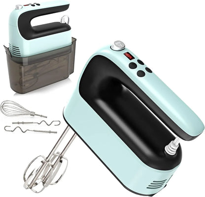 9-Speed Digital Hand Mixer Electric, 400W Powerful DC Motor, Hand Mixer Electric Handheld with Snap-On Storage Case, 5 Stainless Steel Accessories, Beaters, Dough Hooks, Whisk(Ice Blue/Black)1