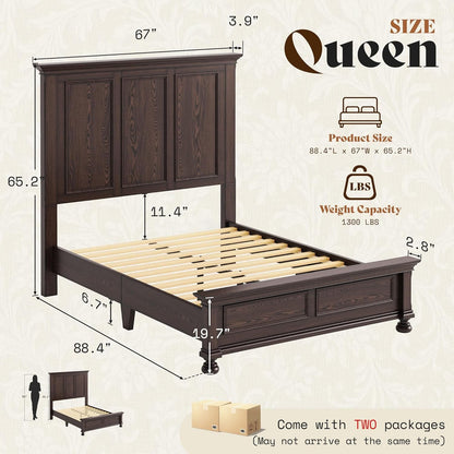 Solid Wood Queen Bed Frame with 65.2" High Headboard2