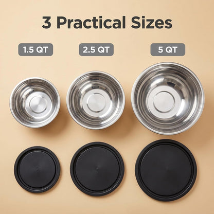Mixing Bowls with Lids Set of 3, Stainless Steel Nesting Bowls, 1.5/2.5/5 QT Kitchen Bowls for Baking, Salad Prep, Meal Prep, Mixing and Storage4
