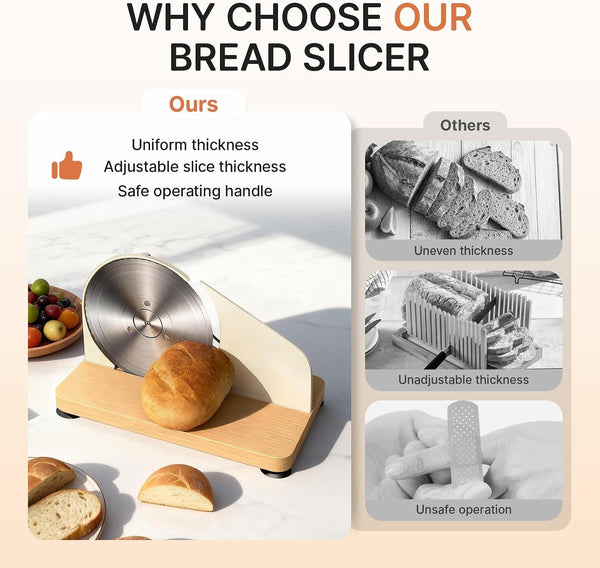Manual Bread Slicer for Homemade Sourdough, Adjustable Thickness,Hand Crank Bread Cutter with Stainless Steel Blade Slicing Guide, Scale Line Suction Cups & Solid Wood Base4