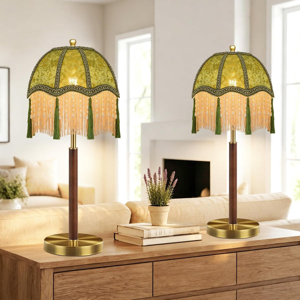 Victorian Gold Table Lamp for Living Room Bedroom Set of 2,Dimmable Bedside Lamps with Vintage Olive Green Velvet Tassel Lampshade,Scallop Bell Fringe Small Lamps for Nightstand Home Decor6