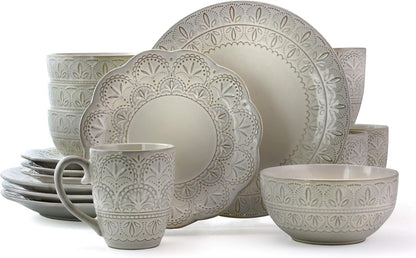 White Lace 16 Piece round Scallop Stoneware Dinnerware Set in White1