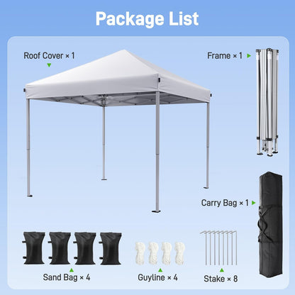 10X10 Pop up Canopy Tent with One-Push Center Lock,White | 3 Adjustable Heights, Carry Bag Included, Tents for Camping, Backyard, Beach, Parties and Outdoor Events3