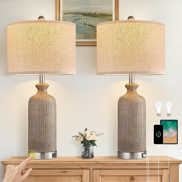 Living Room Lamps Set of 2, 27" Touch Lamps for Nightstand with USB A+C Ports, Modern Farmhouse Table Lamps for Bedroom, Wood Grain, Ceramic1