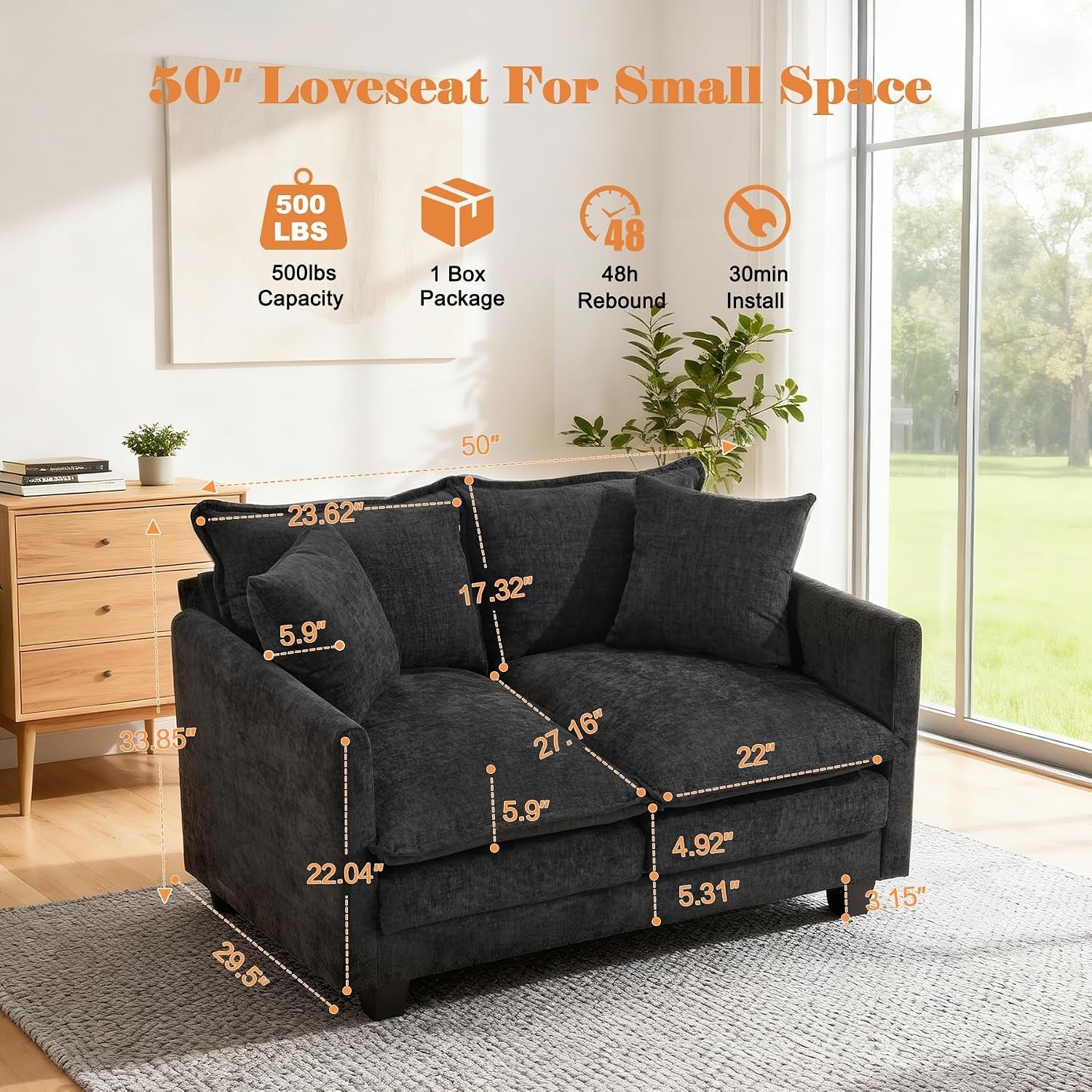 50-loveseat-sofa-cloud-sofa-couch-modern-loveseats-2-seat-couch-27-deep-seat-with-2-pillows-for-small-spaces-apartment-studio-office-bedroom-living-room-black