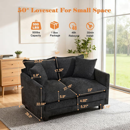 50'' Loveseat Sofa Cloud Sofa Couch, Modern Loveseats 2 Seat Couch 27" Deep Seat with 2 Pillows for Small Spaces Apartment Studio Office Bedroom Living Room, Black2