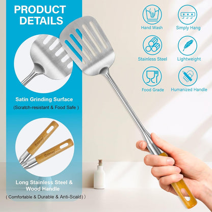 Stainless Steel Cooking Utensils Set with Wooden Handle, 7 Pcs Long Kitchen Utensil Set Stainless Steel, Heat Resistant Metal Spatula Set for Cooking with Turners, Skimmer, Ladle, Pasta Fork2