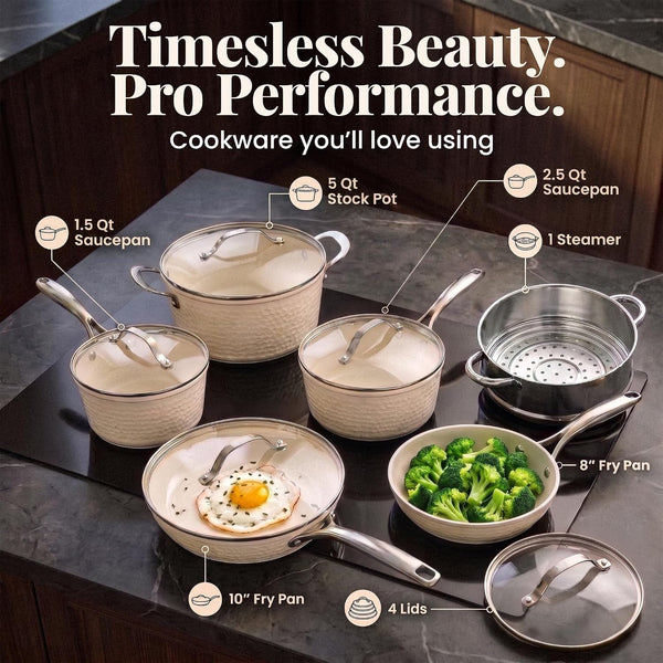 Hammered 10 Pc Pots and Pans Set Non Stick Ceramic Cookware | Heavy Duty 3.0MM Gauge, Non Toxic PFOA/PTFE/PFOS Free Ceramic & Titanium, Induction Compatible, Oven & Dishwasher Safe3