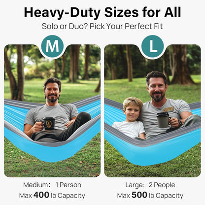 Camping Hammock 400Lbs Capacity Outdoor Camping Essentials, Single | Outside&Indoors, Tree-Friendly Straps, Attached Carry Bag, 210T Parachute Nylon, D-Shaped Carabiners, Lightweight, Hand Wash2