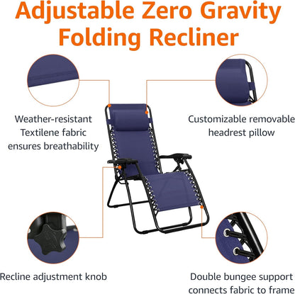 Zero Gravity Lounge Chair with Pillow, Foldable Outdoor Reclining Chair for Patio and Beach, Weather-Resistant Textilene, 300 Lb Capacity, 26", Navy Blue5