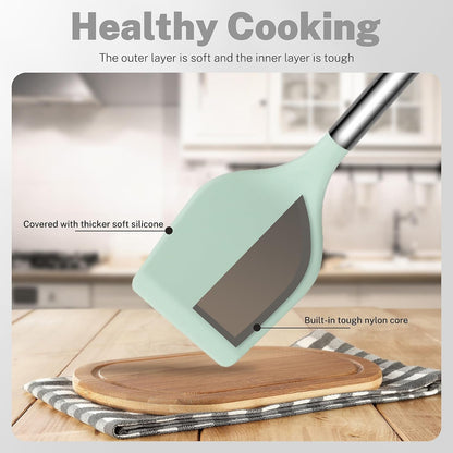 Silicone Cooking Utensils Set, 28 Pcs Non-Stick Kitchen Utensils Set with Holder, 446°F Heat Resistant Spatula, Tongs, Spoons Set with Stainless Steel Handle Kitchen Gadgets (Light Green)5