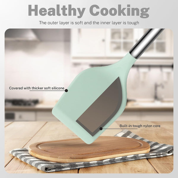 Silicone Cooking Utensils Set, 28 Pcs Non-Stick Kitchen Utensils Set with Holder, 446°F Heat Resistant Spatula, Tongs, Spoons Set with Stainless Steel Handle Kitchen Gadgets (Light Green)5