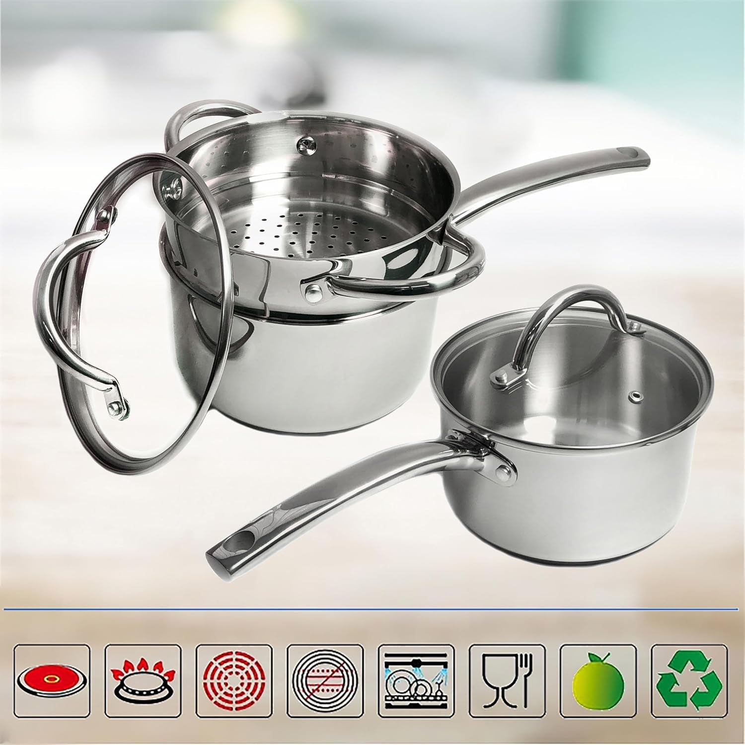 stainless-steel-saucepan-glass-lid-casting-steel-handle-induction-impact-bonded-8-pcs-set-steamer