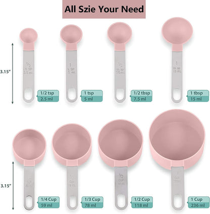 8 Pieces Measuring Cups and Spoons Set / Nesting Measuring Cups with Stainless Steel Handle / for Dry and Liquid Ingredient (Light Pink)2