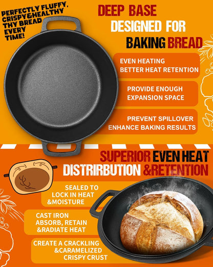 Cast Iron Dutch Oven for Sourdough Bread Baking, Pre-Seasoned 5QT Dutch Oven Pot with Lid, Include Proofing Basket, Silicone Sling & Dough Whisk3