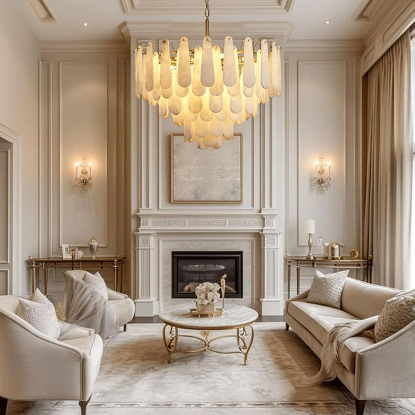 Alabaster Chandelier, D31.5 in Modern Feathery round Chandelier, 6-Tiers Luxury Large White Marble Brass Chandeliers for Dining Room Bedroom Foyer Living Room Entryway3