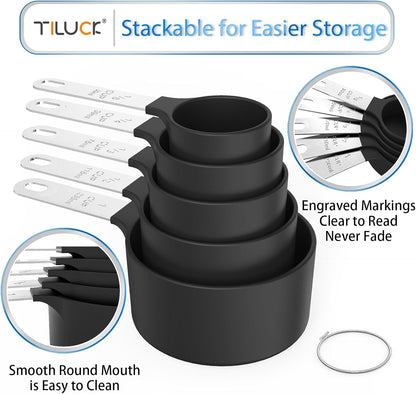 Measuring Cups & Spoons Set, Stackable Cups and Spoons | Nesting Measure Cups with Stainless Steel Handle, Kitchen Gadgets for Cooking & Baking (Black)4