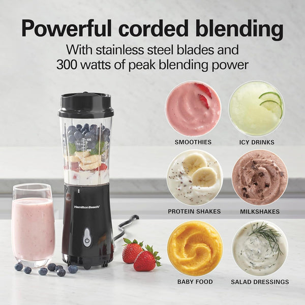 Portable Blender for Smoothies with 14 Oz. Travel Jar | BPA Free Jar & Lid | Durable Stainless Steel Blades | 300 Watts Peak Power | Personal Smoothie Blender | Black | 51101AG3