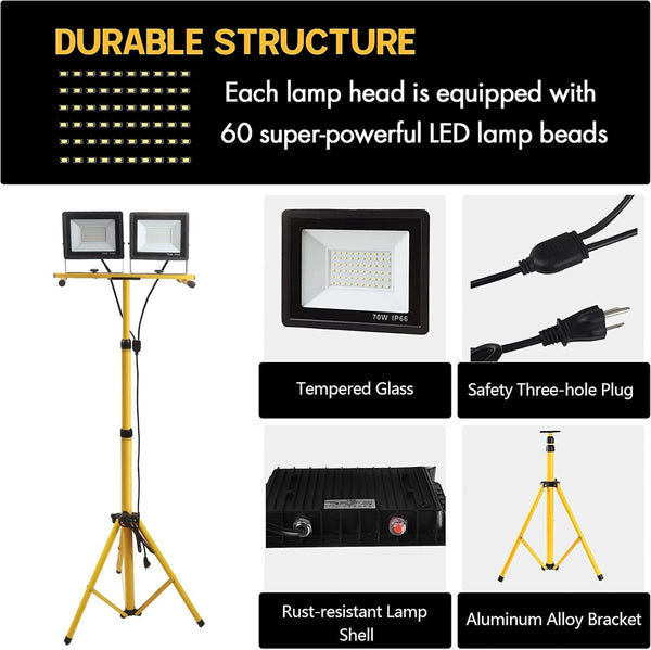 22000 Lumen Work Lights with Stand, 2 Adjustable Head LED Work Light, with Adjustable and Foldable Tripod Stand, Waterproof Lamp with Individual Switch with 6500 Kelvin Color Temperature4