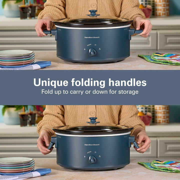 6 Quart Slow Cooker with Space-Saving Folding Handles | 3 Heat Settings | Dishwasher Safe Stoneware Crock & Glass Lid | Kitchen Makeover Blue | 33608+2