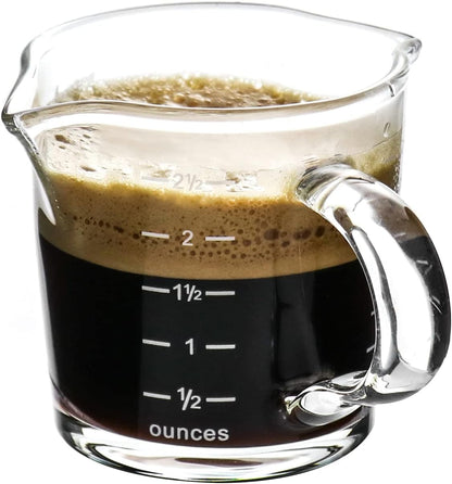 Espresso Shot Glass with Handle, 4 Pack 3-Ounce Double Spout Glass Measuring Cup Triple Pitcher Milk Cup with Two Scales (OZ&ML)5