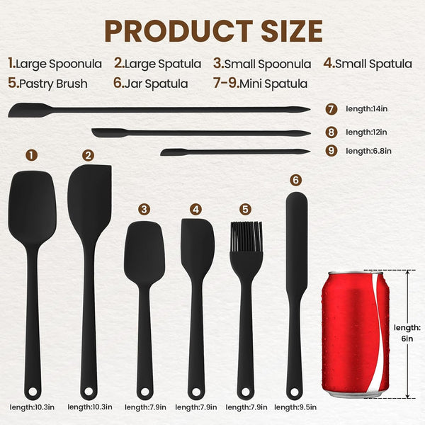 Silicone Spatula Set,9-Piece BPA Free Food Grade Heat Resistant Spatulas for Cooking Baking,Seamless One Piece Design,Non-Stick Safe,Dishwasher Safe,Withstands -104°F to 600°F（Black）2
