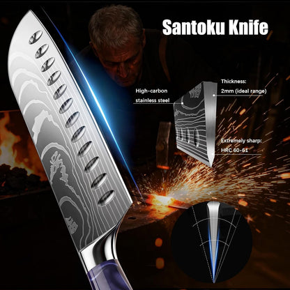 7 Inch Santoku Knife, Pretty Design, High‑Carbon Steel, Resin Handle3