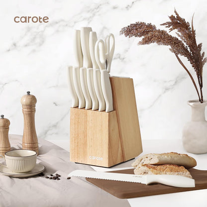 15-Piece Knife Set, Wood Block with Built-In Sharpener, Cream | Stainless Steel Knives, Ceramic Nonstick Coating, Long-Lasting Sharpness, Rust-Resistant, Non-Slip Handles, Dishwasher Safe3