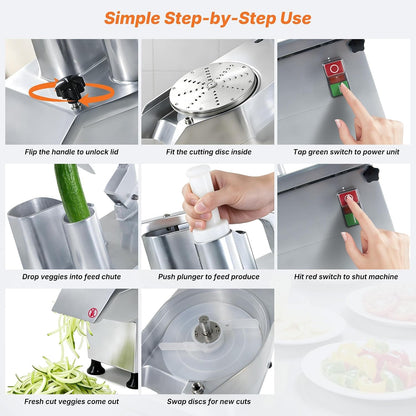 Hakka Commercial Vegetable Chopper- Stainless Steel Electric Food Processor | 550W Automatic Multi-Function Cheese Grating Machine & 5-Blades with 2 Feeding Holes Carrots Potato Onion Slicer/Shred, 110V7