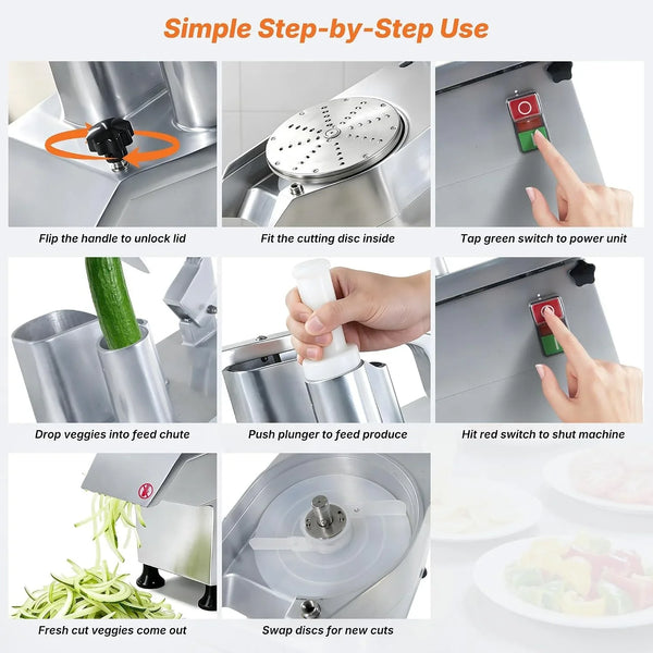 Hakka Commercial Vegetable Chopper- Stainless Steel Electric Food Processor | 550W Automatic Multi-Function Cheese Grating Machine & 5-Blades with 2 Feeding Holes Carrots Potato Onion Slicer/Shred, 110V7