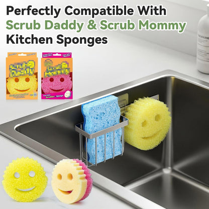 [Space Saving] Sponge Holder for Kitchen Sink, Great for Scrub Daddy / Scrub Mommy Sponges, Rust-Proof Sink Sponge Caddy Organizer for Dish Brush, Scrubber - 2 Mounting Options (Suction Cups & Hooks)2