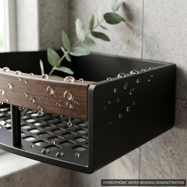 2-Pack Corner Shower Caddy with Walnut Wooden Shelf, Wall Mounted Bathroom Organizer, Matte Black Aluminum Alloy Storage Rack for Toilet, Dorm and Kitchen4