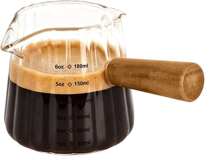 Espresso Cups 6 OZ, Double Spout Espresso Shot Glass with Wooden Handle, Clear Glass Measuring Cup for Espresso Shots & Milk, Espresso Accessories for Coffee Machine1